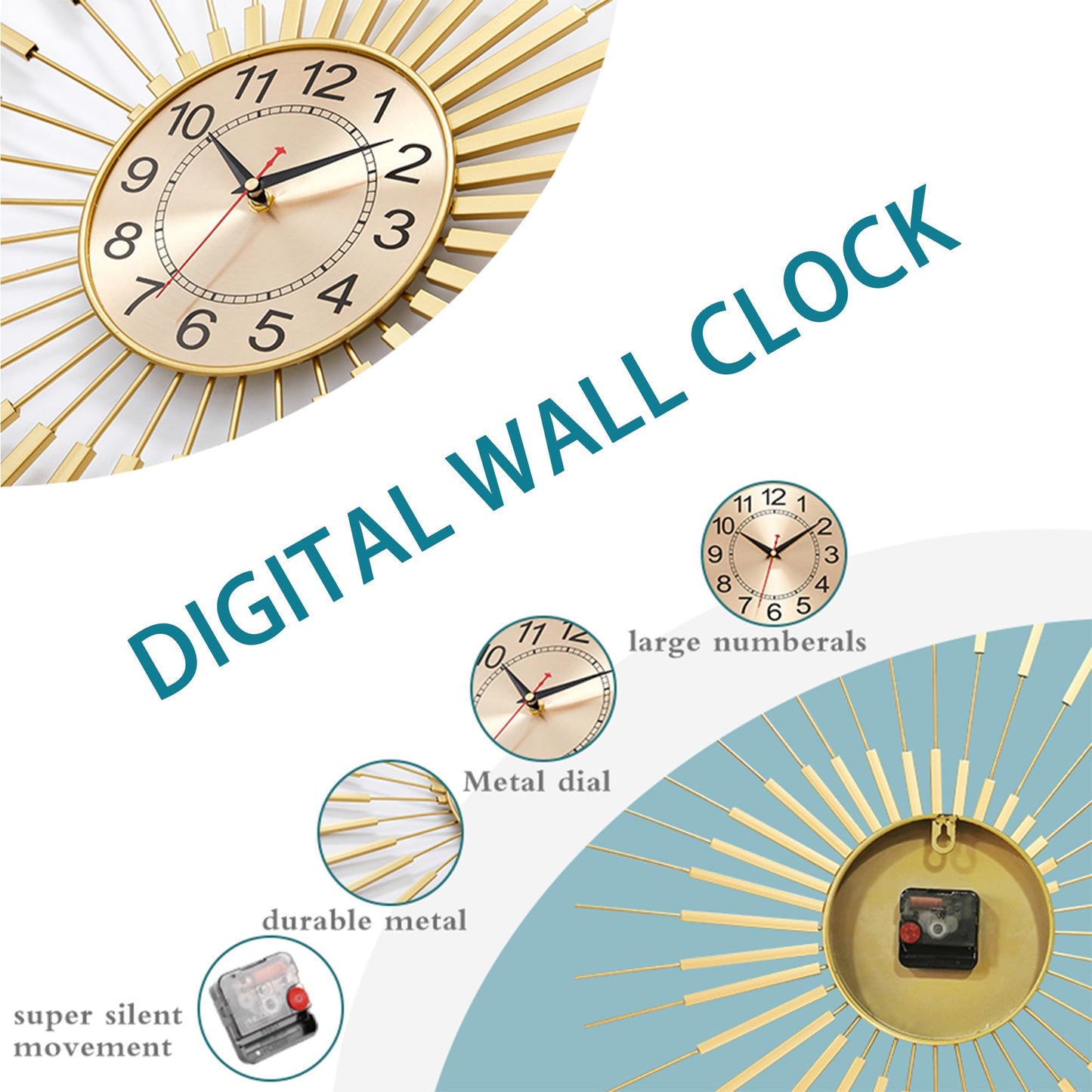 Large Wall Clocks for Living Room Decor 24 Inch Gold Starburst Wall Clock, Silent Non-Ticking Metal Wall Clocks Battery Operated, Mid Century Boho Farmhouse Modern Art Decor for Bedroom Office