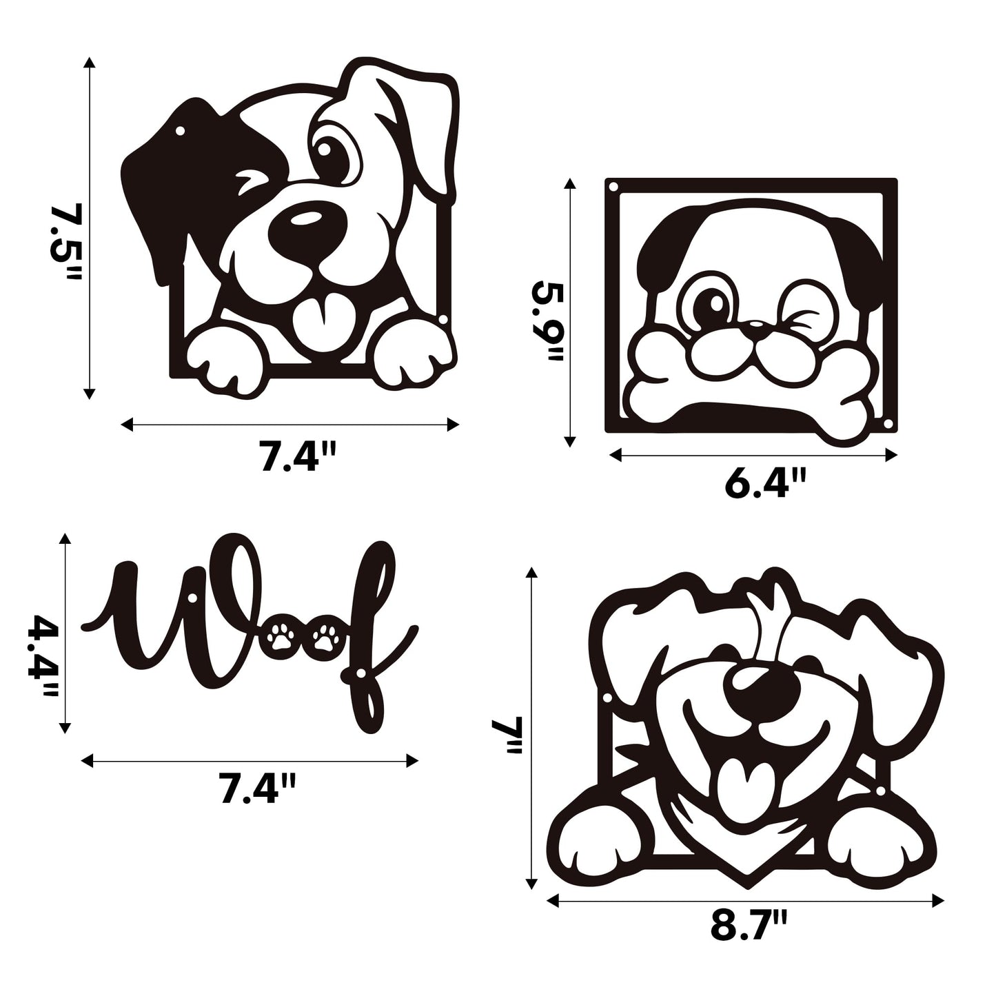 Rajukit 4-Piece Cartoon Metal Dog Wall Art Set, Dog Lover Gift for Indoor Home Décor, Playful Woof Design for Living Room, Bedroom, Office & Kitchen