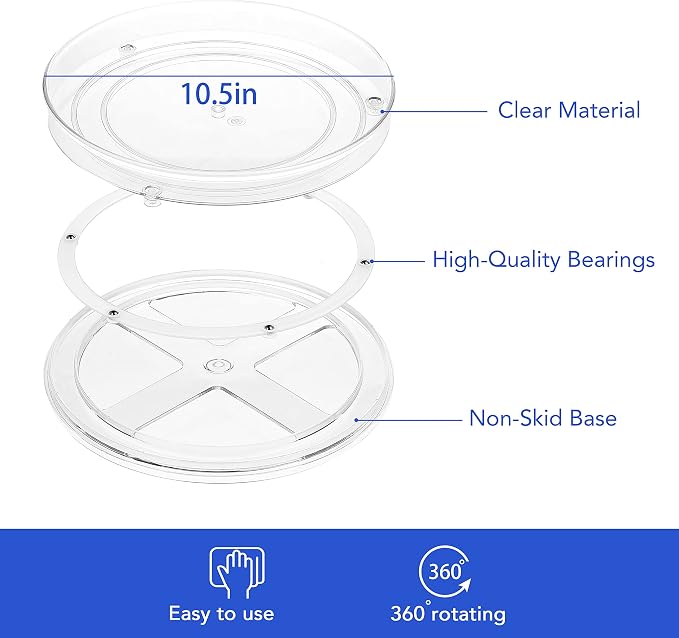 URALFA 2-Pack Lazy Susan Cabinet Organizer, Plastic Rotating Round Lazy Susan Turntable for Cabinet, Pantry, Countertop, Table, Fridge, 10.5 Inch