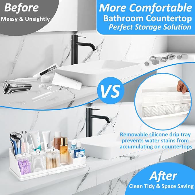 Bathroom Counter Organizer, Large White Silicone Toothbrush Holders for Bathrooms with 3PCS Qtip Holder, Bathroom Organizer Countertop Toothbrush and Toothpaste Holder for Makeup Organizer for Vanity