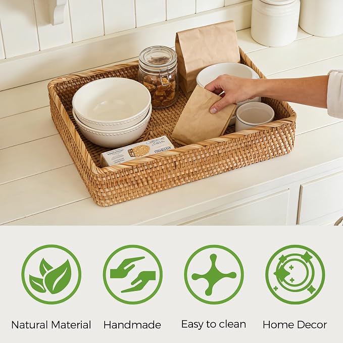 Wicker Storage Tray, Rattan Basket Rectangular for Bathroom Living Room, Decorative Serving Woven Trays Wicker Baskets for Organizing Home Decor XL(17.7" × 13.4")