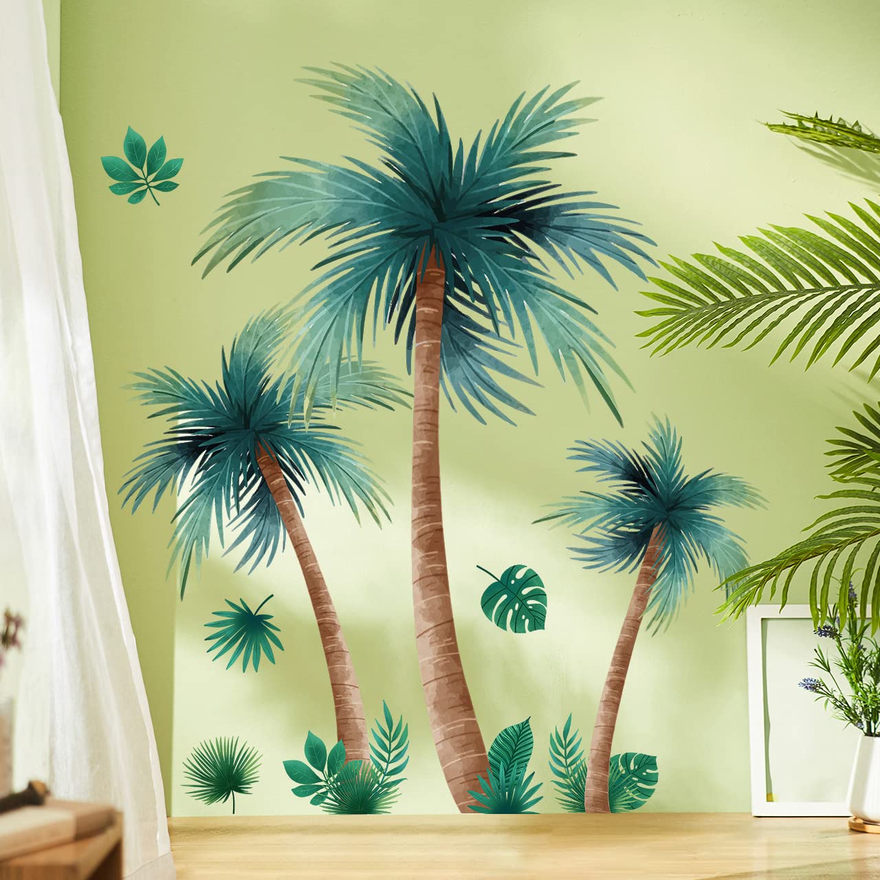 3D Removable Tropical Rainforest Wall Sticker Brown Tree Green Leaves Wall Decal DIY Peel and Stick Coconut Tree Wall Decor for Kids Girls Boys Bedroom Living Room Nursery Classroom Playroom