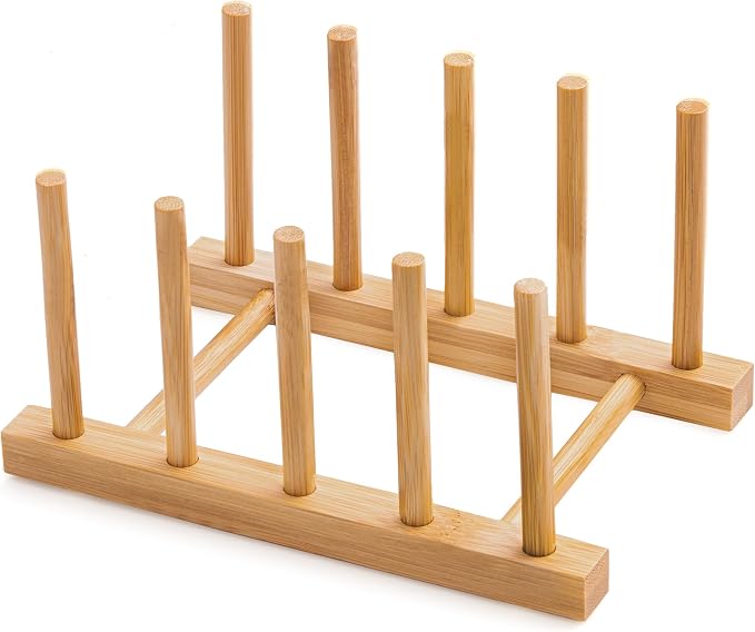 Bamboo Dish Drying Rack for Kitchen Counter and Cabinet, Dish/Book/Plate/Bowl/Cup/Cutting Board/Pot Lid Organizer for Kitchen, Living Room, Study, Display Cabinet (4 Slots)