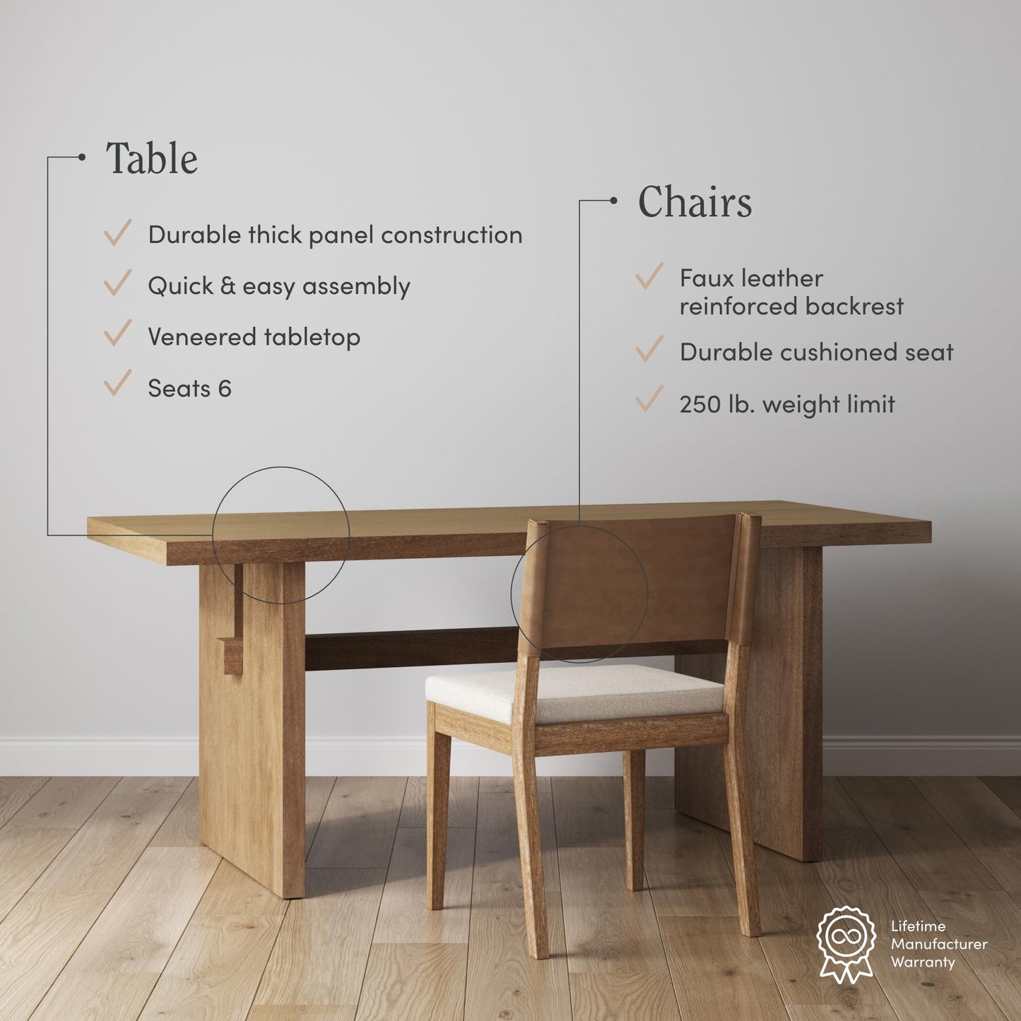 Nathan James Briggs Modern Farmhouse Dining Set for 6, Solid Wood Dining Room Table Set with 6 Upholstered Dining Chairs, Light Brown