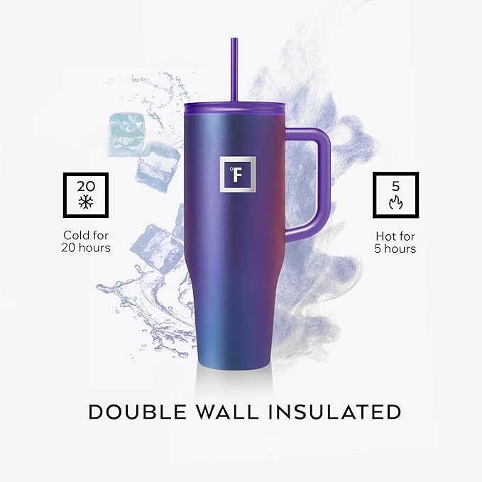 IRON °FLASK Co-Pilot Insulated Mug w/Straw & Flip Cap Lids - Cup Holder Bottle for Hot, Cold Drink - Leak-Proof - Water, Coffee Portable Travel Mug - Aurora, 40 Oz