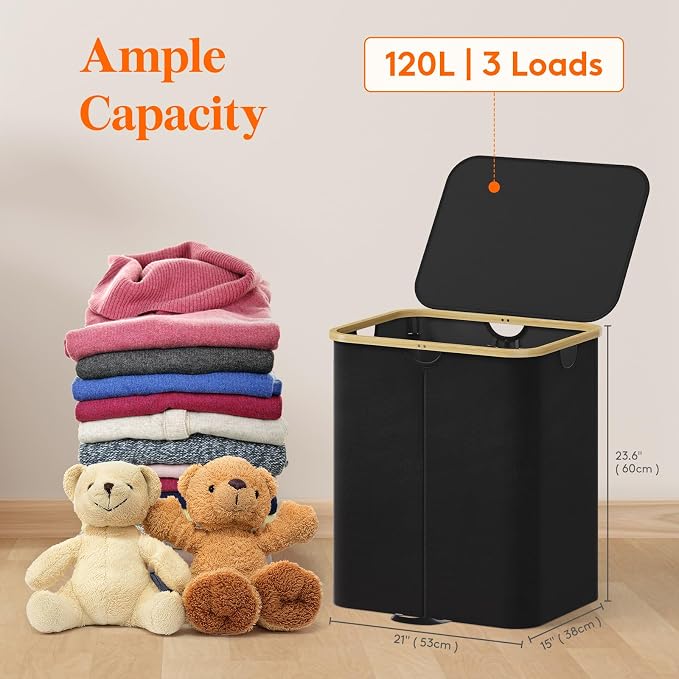 Lifewit 120L Double Laundry Hamper with Lid, Large Laundry Basket with Removable Bag & Bamboo Handles, Fodable Tall Dirty Clothes Hamper for Laundry Collapsible Bin for Bathroom Bedroom Dorm, Black