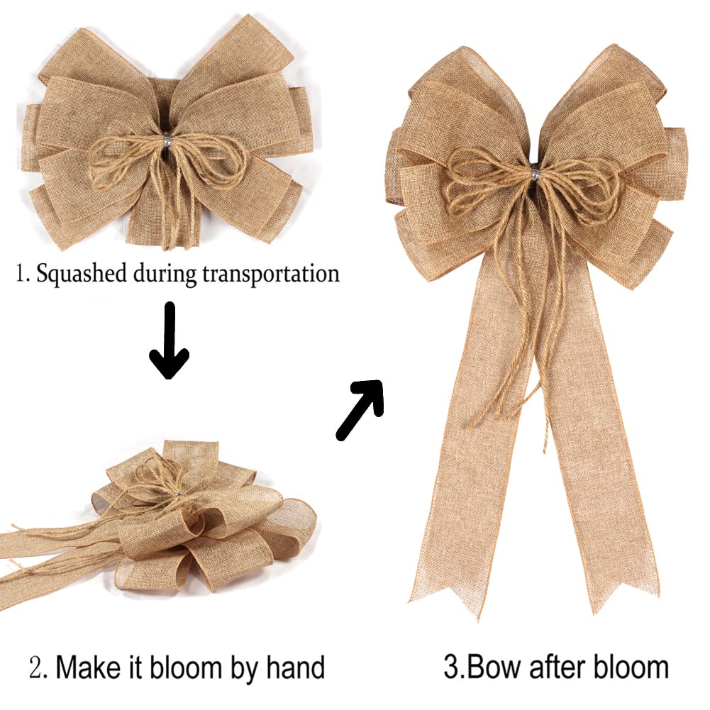 2 Pack Large Burlap Jute Hemp Rope Bows for Wreaths,Rustic Farmhouse Crafts Bow Wrapping Tree Topper Wedding Holiday Birthday Party Wall Home Boho Front Door Decorations