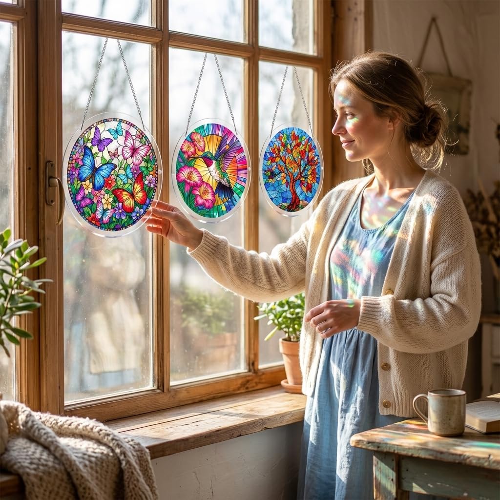 Jollitot Acrylic Puzzle for Adults, Tree of Life Stained Glass Style Acrylic Jigsaw Puzzle Suncatcher Window Hanging, DIY Sun Catcher Puzzle with Unique Irregular Pieces, Home Decor Gift for Women Mom