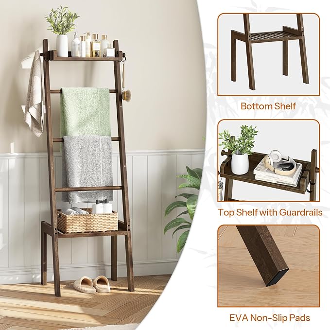 HOOBRO Blanket Ladder, 5 Tier Bamboo Ladder Shelf, Blanket Ladders for Living Room and Bedroom, Farmhouse Blanket Holder Rack for Storage and Home Decor, Decorative Towel Rack, Mocha MA91CJ01G1