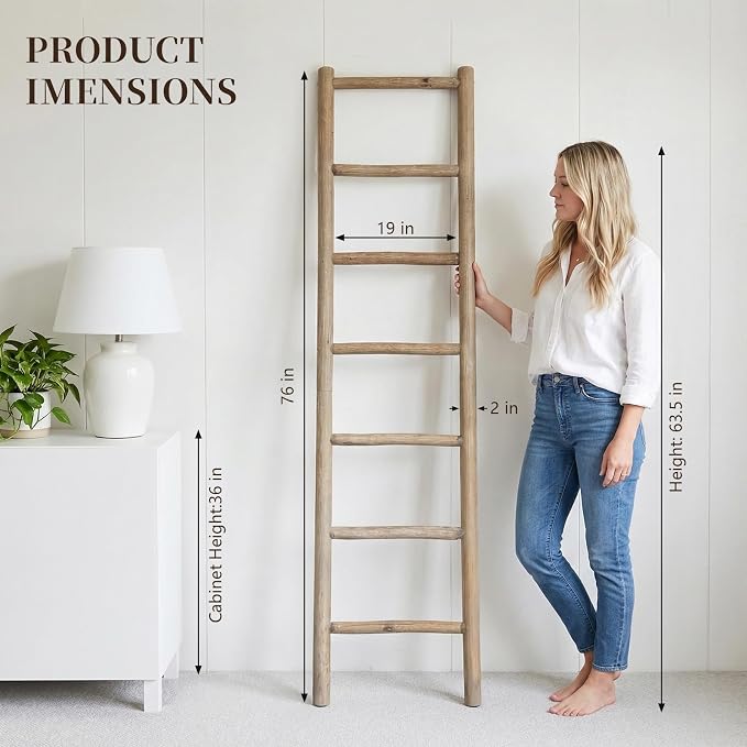Wooden Blanket Ladder - 76in Natural Wood Color- Leaning Wall Decor for Bedroom, Bathroom, Living Room - Rustic Quilt Holder (Natural Wood Color (Knock Down), 76in(7-Rung) | Knock Down)