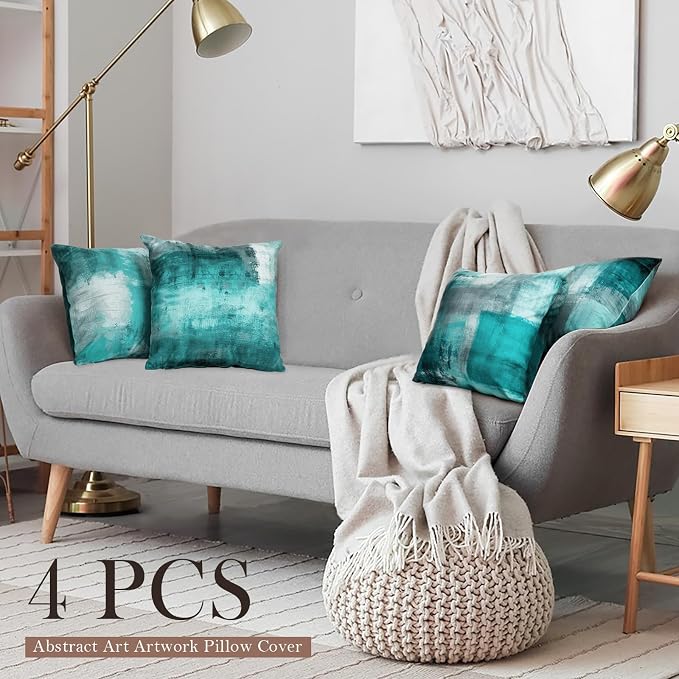 Teal and Gray Throw Pillow Covers Set of 4 18 x 18 Inches,Turquoise Modern Abstract Art Artwork Decorative Pillow Cushion Covers for Couch Bedroom Living Room