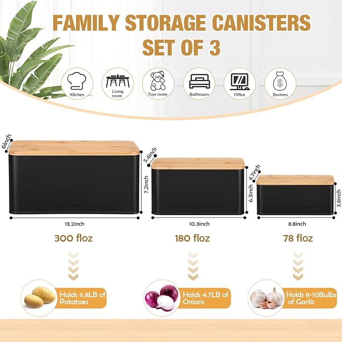 Honeydak 3 Pcs Metal Storage Box with Lid Nesting Farmhouse Storage Bins for Kitchen Pantry Bathroom Living Room Office, Aerating Produce Keeper & Countertop Organizer Set(Black)