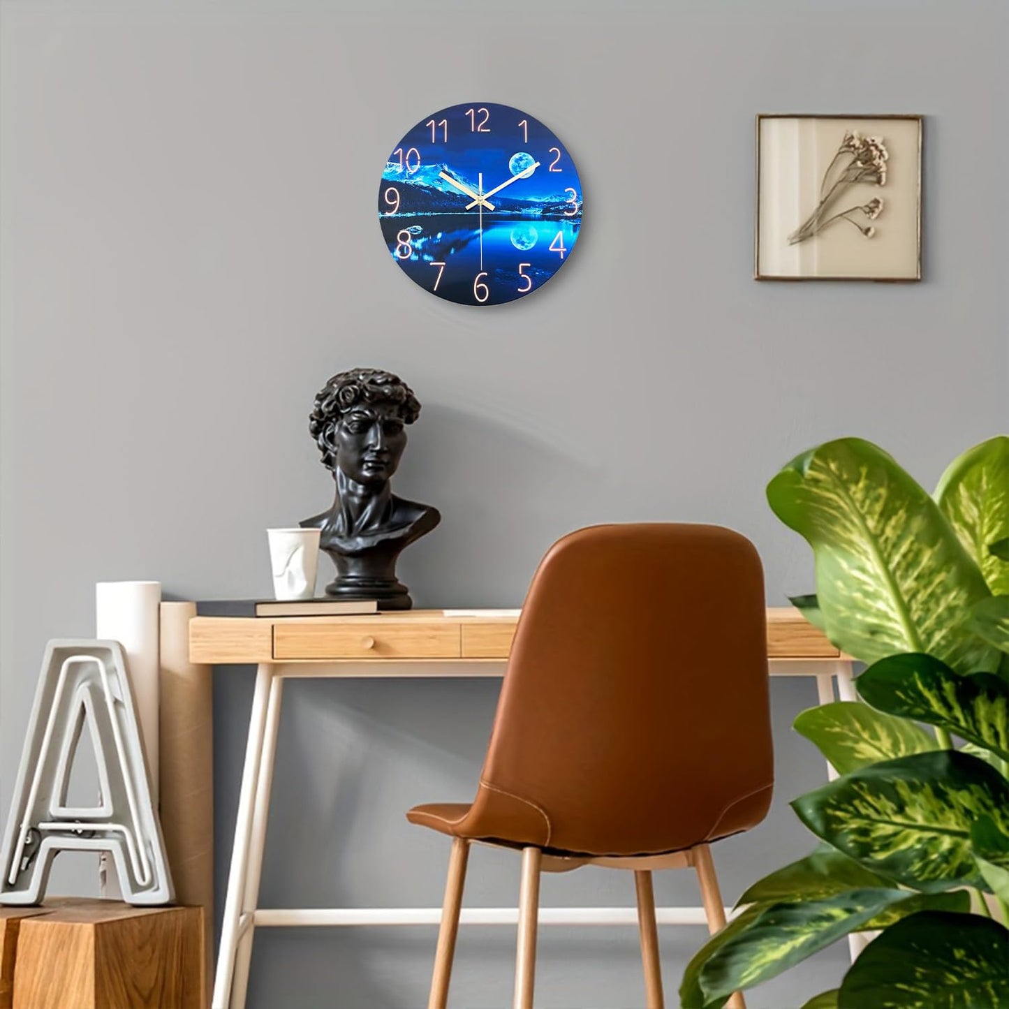 Constantplanet Blue Wall Clock for Bedroom 12 Inch Natural Landscape Round Analog Clock Battery Operated Moon Wall Clock Non Ticking