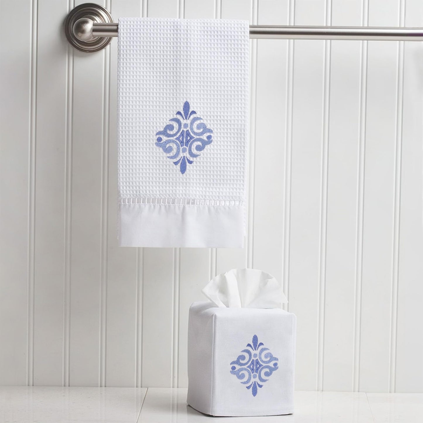 Jacaranda Living Square Tissue Box Cover, Linen/Cotton Fabric Tissue Holder, Decorative Cloth Tissue Cube Cover, Scrolls Design Amalfi Scroll, Blue
