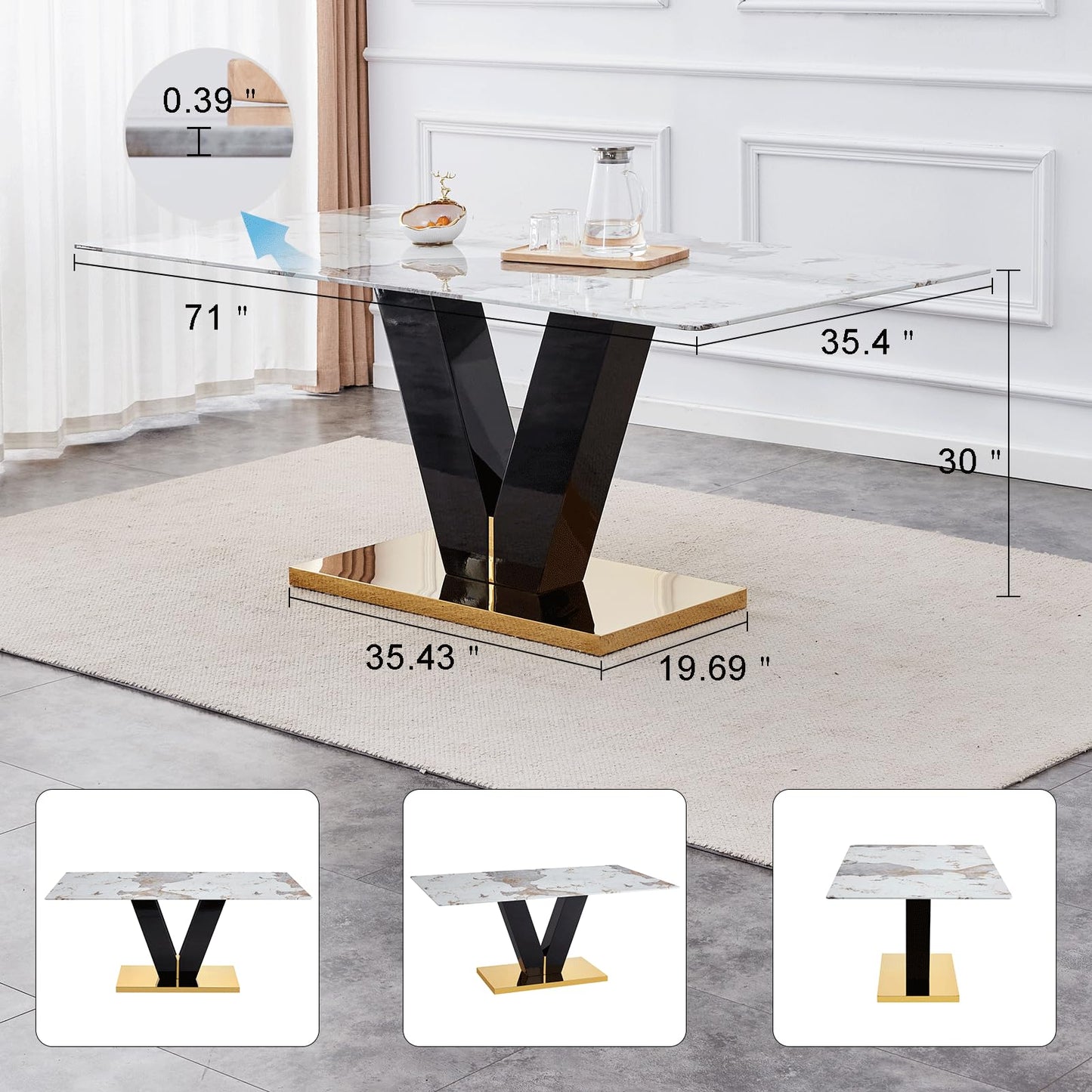 gopop Marble Dining Table,Modern Dining Room Table with Golden Stainless Steel Base,Marble Kitchen Table for 8 People,71'' Gold Dining Table Ideal for Living Room Home Office