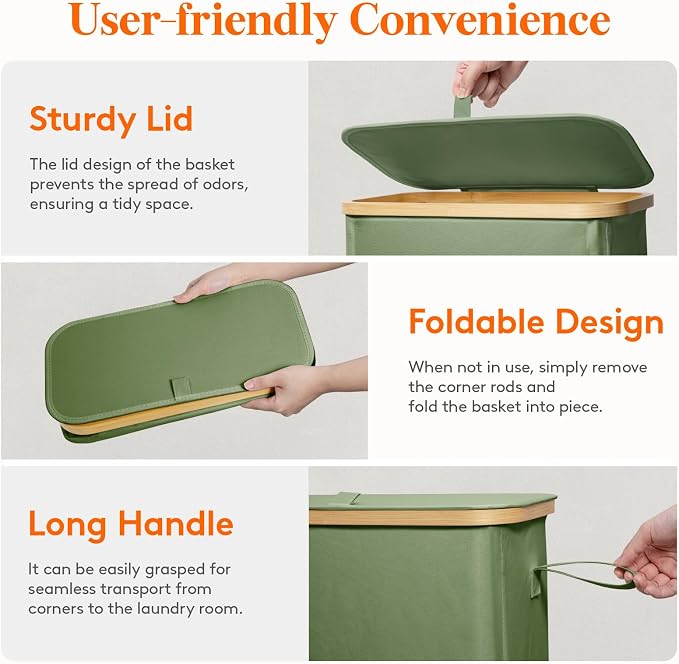 Lifewit 65L Slim Laundry Hamper with Lid, Narrow Laundry Basket with Removable Bag & Bamboo Handles, Fodable Thin Dirty Clothes Hamper for Laundry Collapsible Bin for Bathroom Bedroom Dorm, Green