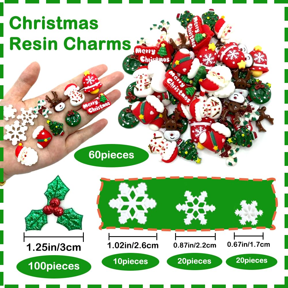 Yxtwaeh 210 Pcs Mini Christmas Decorations for Crafts, Holly Leaves with Berries Miniature Snowflake Resin Charms Santa Snowman Flatback Embellishments for Xmas Wreath DIY Craft