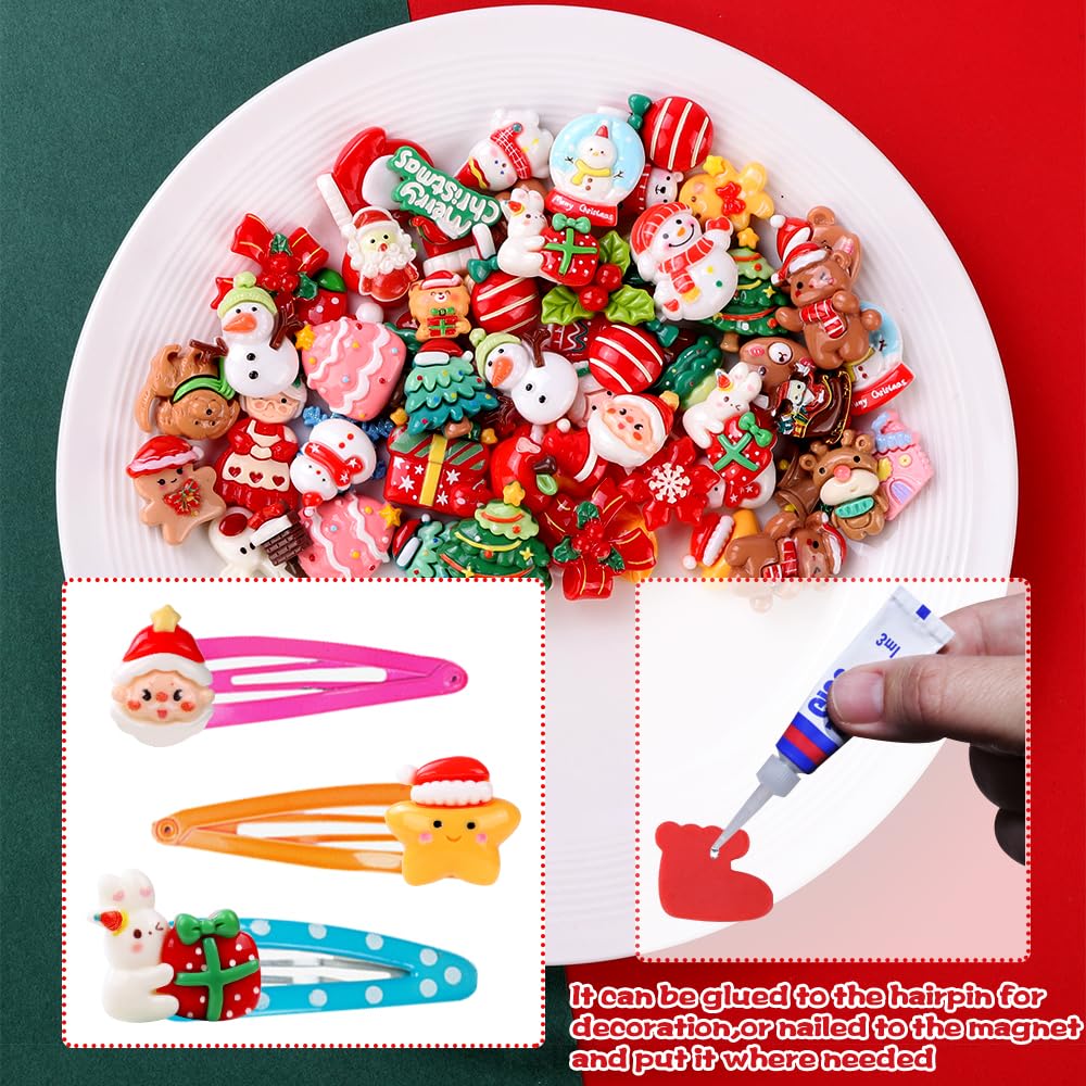 Vellibring 120PCS Christmas Cute Resin Flatback Slime Charms，60 Styles Bulk Christmas Cartoon Making Kit Decorations for Holiday DIY Craft Phone Cases Nails Scrapbooking