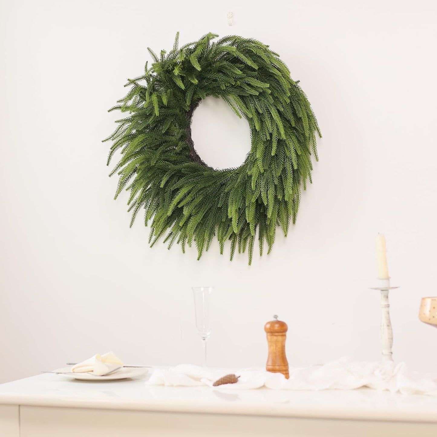 26" Large Christmas Norfolk Pine Wreath - Artificial Christmas Wreaths Faux Pine Needles Fake Green Wreath for Front Door, Wall, Windows, Home,Outdoor,Xmas Decor