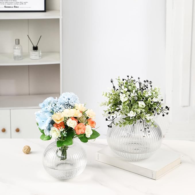 Round Glass Vases Set of 2, Flower Vases for Bouquet, Ribbed Glass Vase for Flowers, Small Clear Vase for Living Room, Office, Coffee Table, Shelf, Wedding