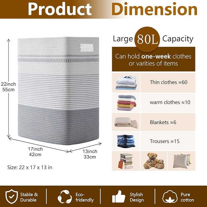 80L Large Cotton Rope Laundry Basket for Bedroom & Laundry Room, Tall Clothes Hamper with Sturdy Handles, Neutral Storage Bin Capable of Holding Blankets and Toys