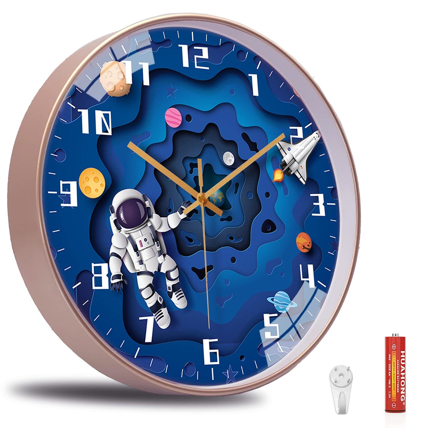 QINFIEY 12 Inch Silent Movement Kids Wall Clock, Non Ticking Children Round Wall Clock Battery Operated Space Travel Style Decor Children Clock for School Boys Bedroom Living Room Space Decor (Blue)