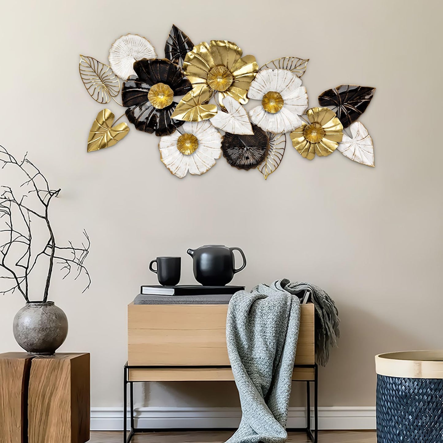 45 Inch Extra Large Wall Decor Art Wall Accents for Living Room, White Gold and Black Wall Art Metal Hanging Decor, Home Kitchen Bathroom Above Bed TV Over White Wall Decor, Rustic Wall Sculptures Decoration