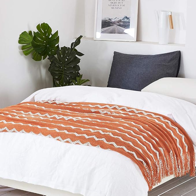 BOURINA Fluffy Chenille Knitted Fringe Throw Blanket Lightweight Soft Cozy for Bed Sofa Chair Throw Blankets, Orange 50" x 60"