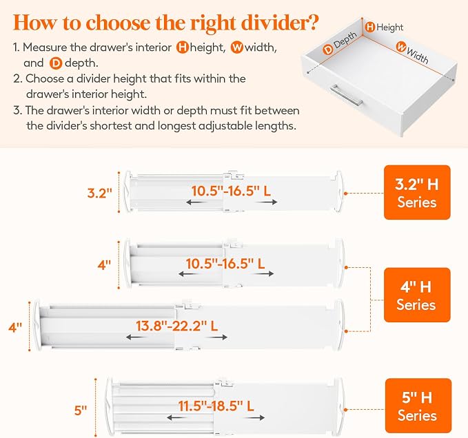 Lifewit Drawer Dividers for Clothes, 3.2" High 10.5"-16.5" Expandable Dresser Drawer Organizers, Adjustable White Plastic Separators for Kitchen, Cabinet, Nursery, Socks & Underwear Storage, 6 Pack