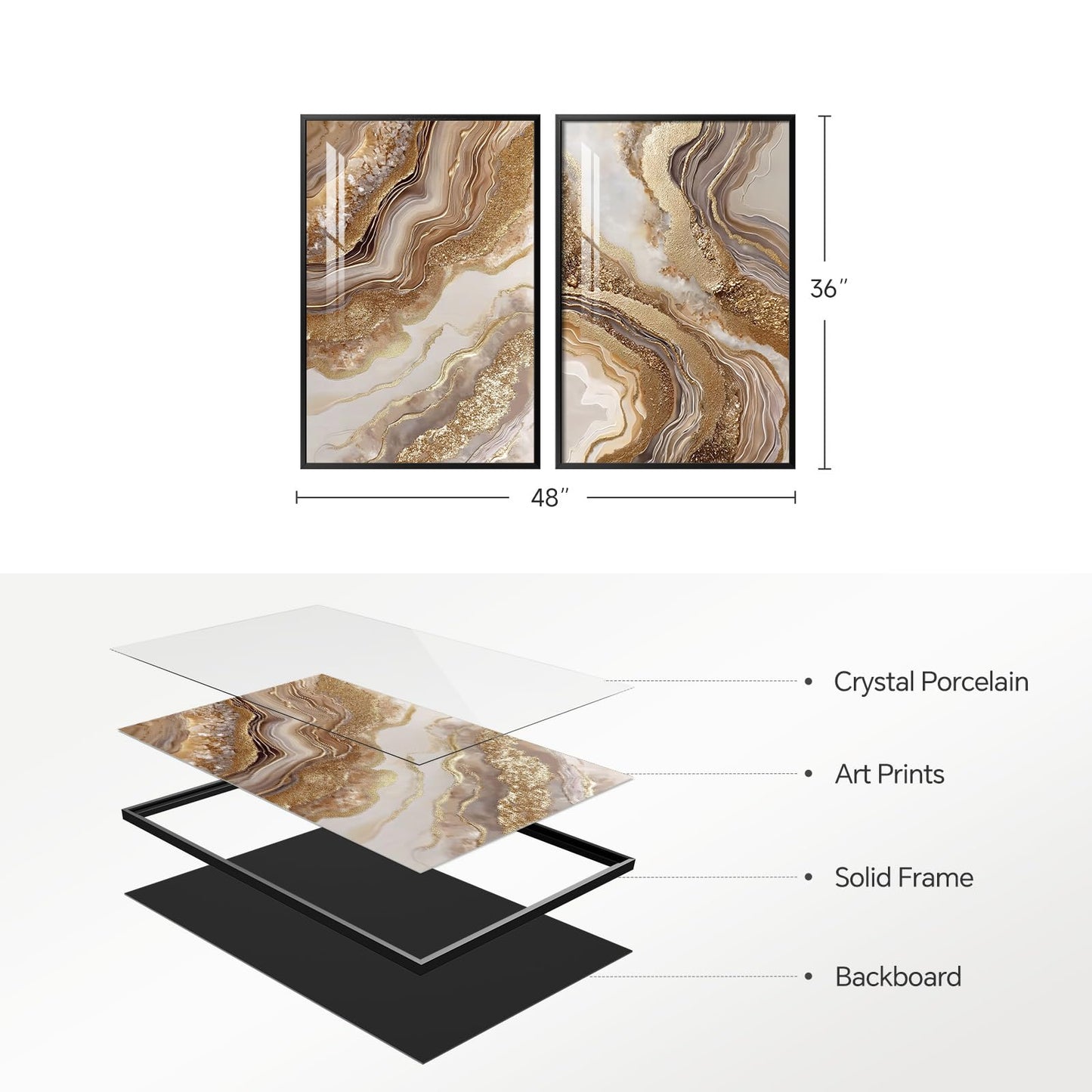 Framed Abstract Brown Gold Wall Art for Living Room, 2 Piece Large Modern Luxury Artwork for Walls, Contemporary Bright Style Picture Prints Paintings for Bedroom Dining Room Office 24x36 Inch