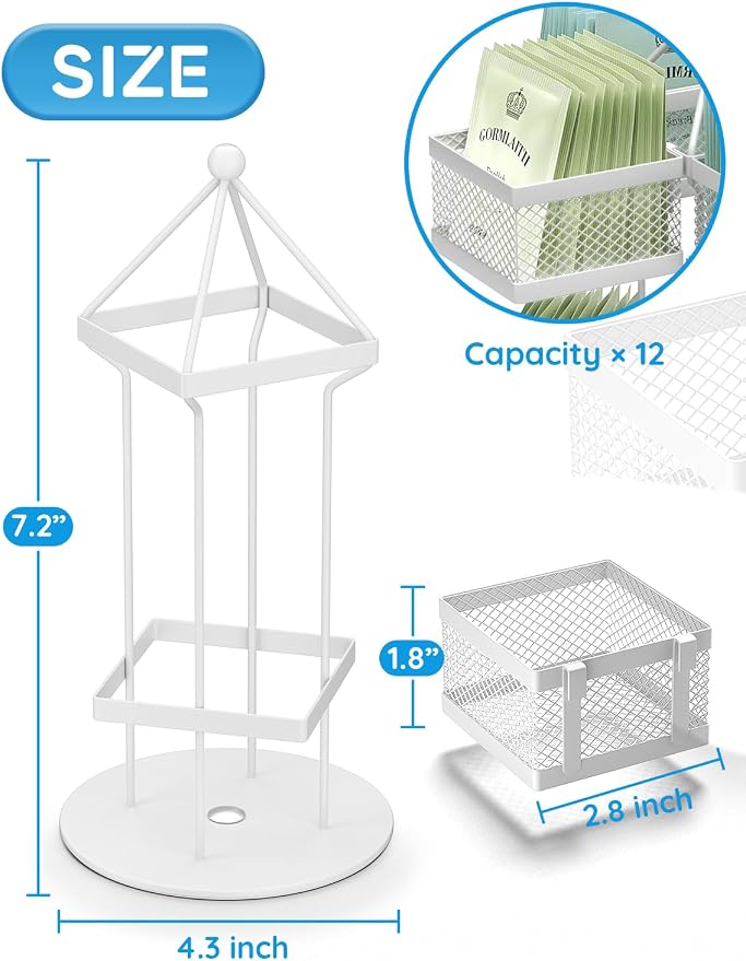 Tea Bag Organizer, Tea Bag Storage Holder Spinning Carousel 96 Teabags Container, Lazy Susan Coffee Creamer Sweetener Tea Caddy for Kitchen Counter Cabinet Pantry Shelf Organizer