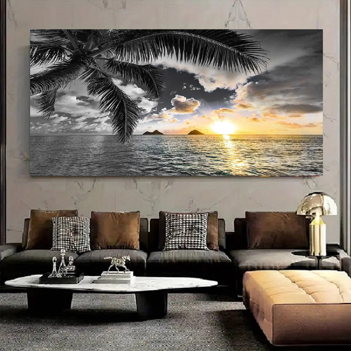 Bamdeya Wall Decor Living Room Black and White Beach Wall Art Sunset Seascape Pictures Palm Canvas Prints Art Wall Decor Bedroom Ocean Poster Painting for Home Office Decoration Scenery Artwork