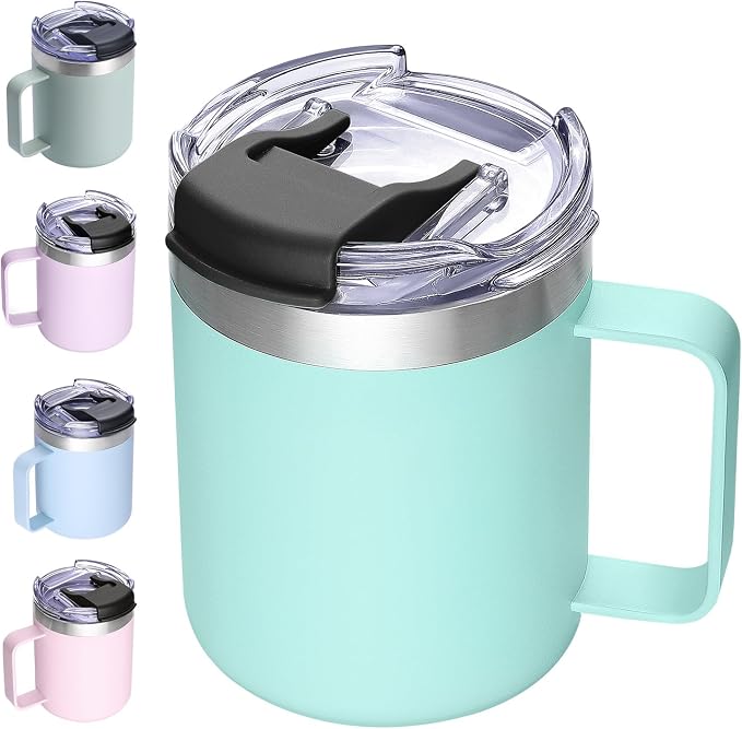 12oz Insulated Coffee Mug Cup with Handle, Stainless Steel Travel Coffee Mug with Flip Lid, Double Wall Vacuum Coffee Tumbler,Seafoam