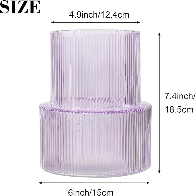 Ribbed Glass Vase, Flower Vase, Fluted Purple Vases for Flowers, Modern Vases for Living Room, Dining Table, Entryway, Shelf, Wedding, Office, Coffee Table, Birthday, 7.5 Inches