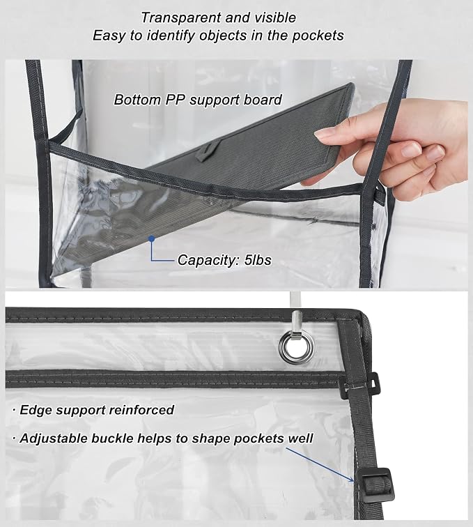 Fixwal Over The Door Hanging Pantry Organizer - 5-Shelf Room Storage With Clear Plastic Pockets for Behind The Door - Large Capacity for Closet, Bedroom, Bathroom (Grey)