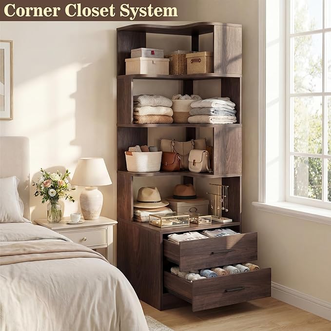 Armocity Corner Bookshelf with Drawers, 7 Tier Corner Book Shelf Display Bookcase, Freestanding L Shaped Bookshelf for Bedroom, Home Office, Black Walnut