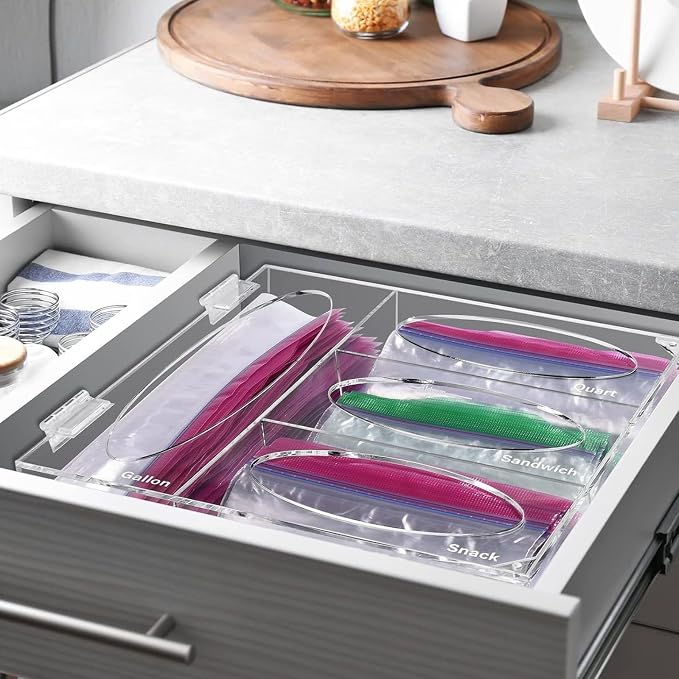 Plastic Bag Holder, Ziplock Bag Storage Organizer Acrylic Plastic Bags Organizer Drawer & Wall-Mount for Sandwich, Snack, Quartz, Gallon/Freezer