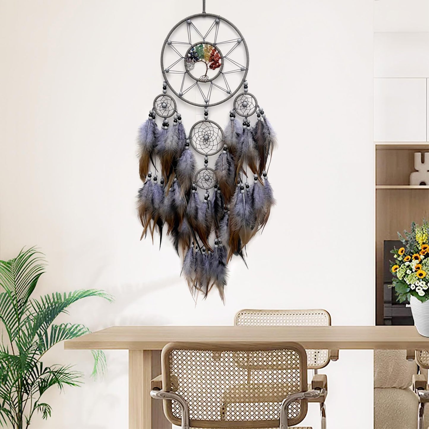 RAGKUU Grey Large Dream Catcher Wall Decor Crystal Tree of Life Dream Catchers Handmade Feather Dreamcatcher Wall Hanging Ornament for Bedroom Living Room Home Decor