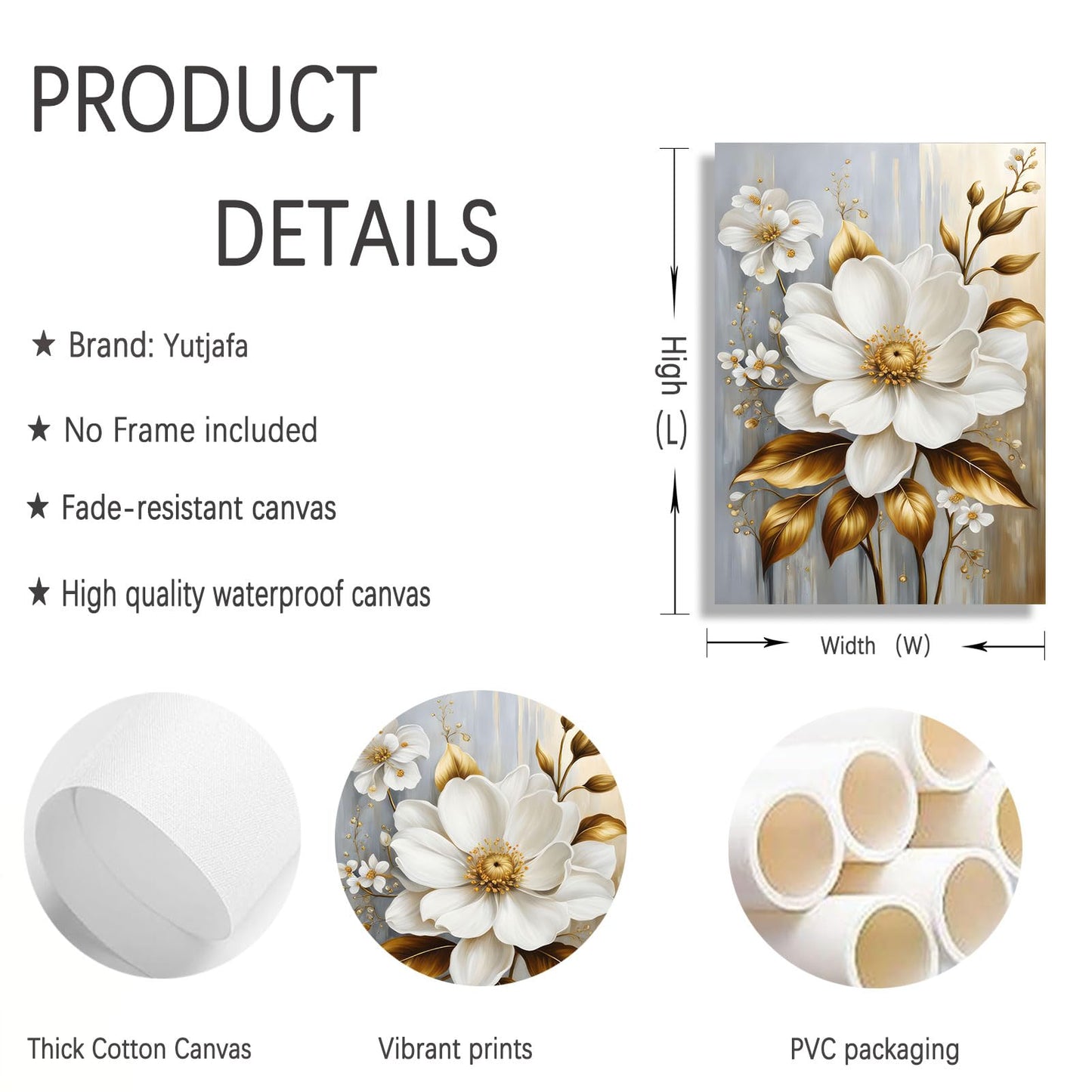 3Pcs White Flower Gold Leaf Canvas Wall Art Modern Plants Flowers Painting Decor Pictures Neutral Floral Bloom Posters Prints for Office Living Room Bathroom Bedroom Decoration No Frames