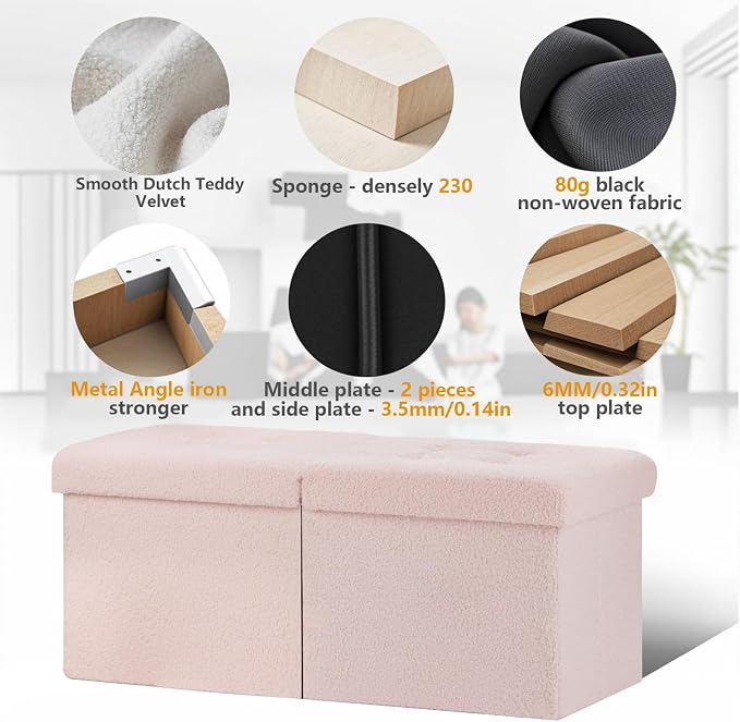 AmasSmile Footrest Ottoman Bench with Storage,34Inch Pink Teddy Velvet Footstool, Coffee Table, Padded Seat, Storage Chest,Blanket Store with Flipping Lid for Livingroom and Bedroom