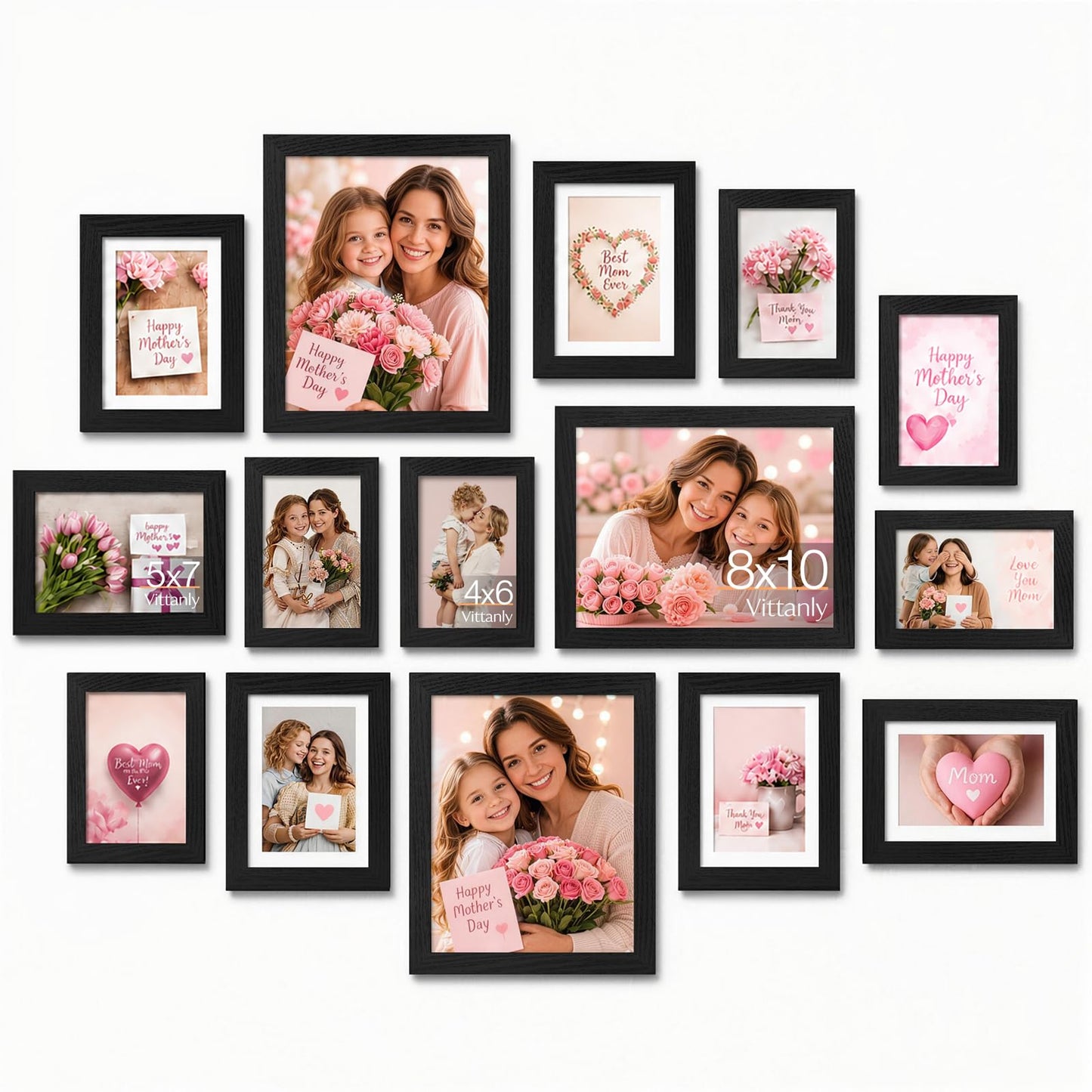 Vittanly 15 Pack Picture Frames Collage Wall Decor for Mounting or Tabletop Display, Gallery Frame Set for Family, Multi Sizes Including 3pcs 8x10, 6pcs 5x7, 6pcs 4x6, Black