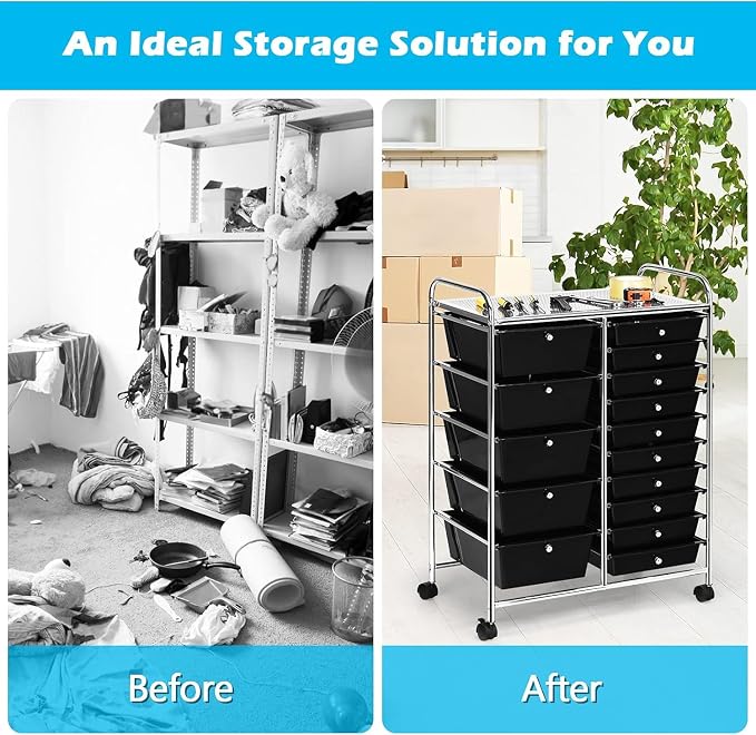LDAILY 15 Drawer Rolling Storage Cart, Rolling Cart with Drawers for Classroom, Art Supply Craft Organizer on Wheel with Metal Frame & Handles for Home Office School