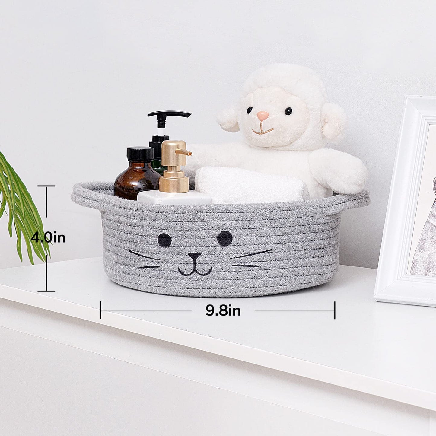 HiChen Small Woven Rope Storage Basket, Cute Cat Toy Basket for Living Room, Baby Baskets for Nursery, Gift Baskets Empty for Baby Shower, Grey, 9.8 x 4 inches