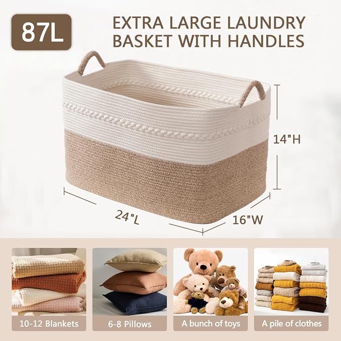Extra large laundry basket woven from natural cotton rope with handles storage blankets for living rome big decorative quilted baskets for clothes toys pillows hamper 24"x16"x14" white/brown