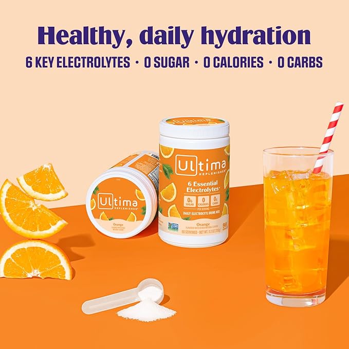 Ultima Replenisher Daily Electrolyte Powder Drink Mix ??Sugar Free ??Orange, 90 Servings ??Hydration Powder with 6 Key Electrolytes and Trace Minerals ??Keto Friendly, Vegan, Non-GMO