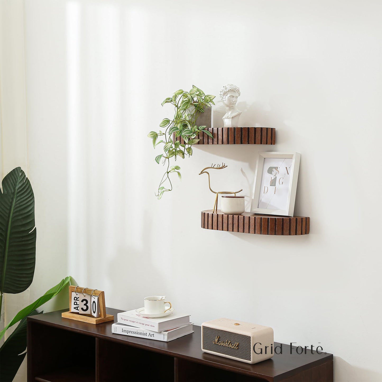 GRID FORTE Wood Rounded Fluted Floating Shelf Set of 2, 16Wx5.5D Inch– Modern Display Shelf with Decorative Edge, Rustic Hanging Storage for Plants, Books, Photos & Home Décor