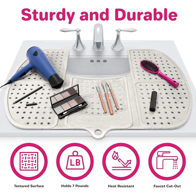 Sink Topper Bathroom Counter Cover & Storage Saver, Foldable Silicone Mat for Hot Tools, Hair Styling & Makeup, Beauty Brush Cleaning Mat, RV Camper Sink Cover & for Small Spaces (Large Pearl)