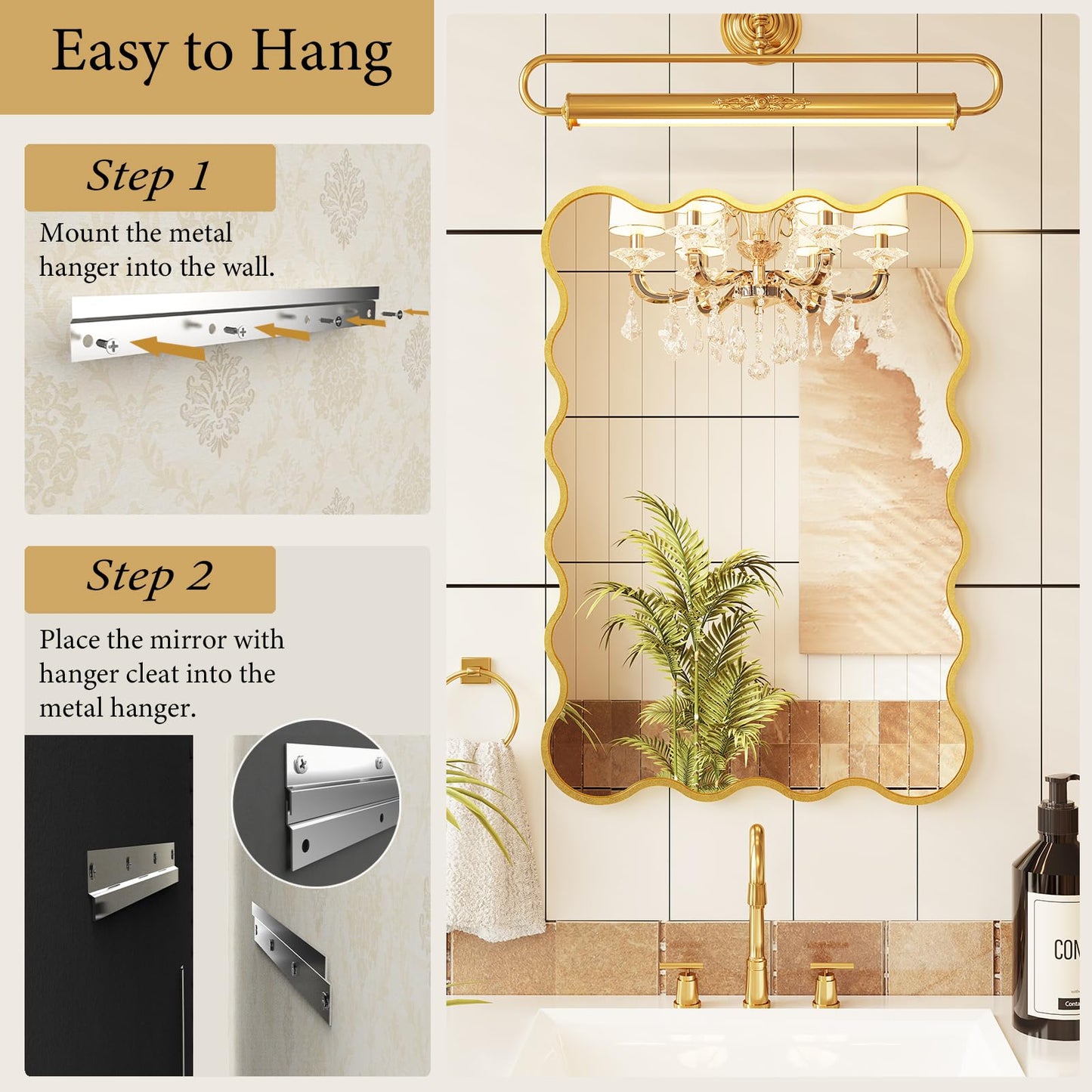 Kelly Miller 22x32 Inch Gold Scalloped Mirror, Large Rectangular Wavy Edge Bathroom Vanity Wall Mirror Decorative for Bedroom Living Room Entryway Fireplace Mantle