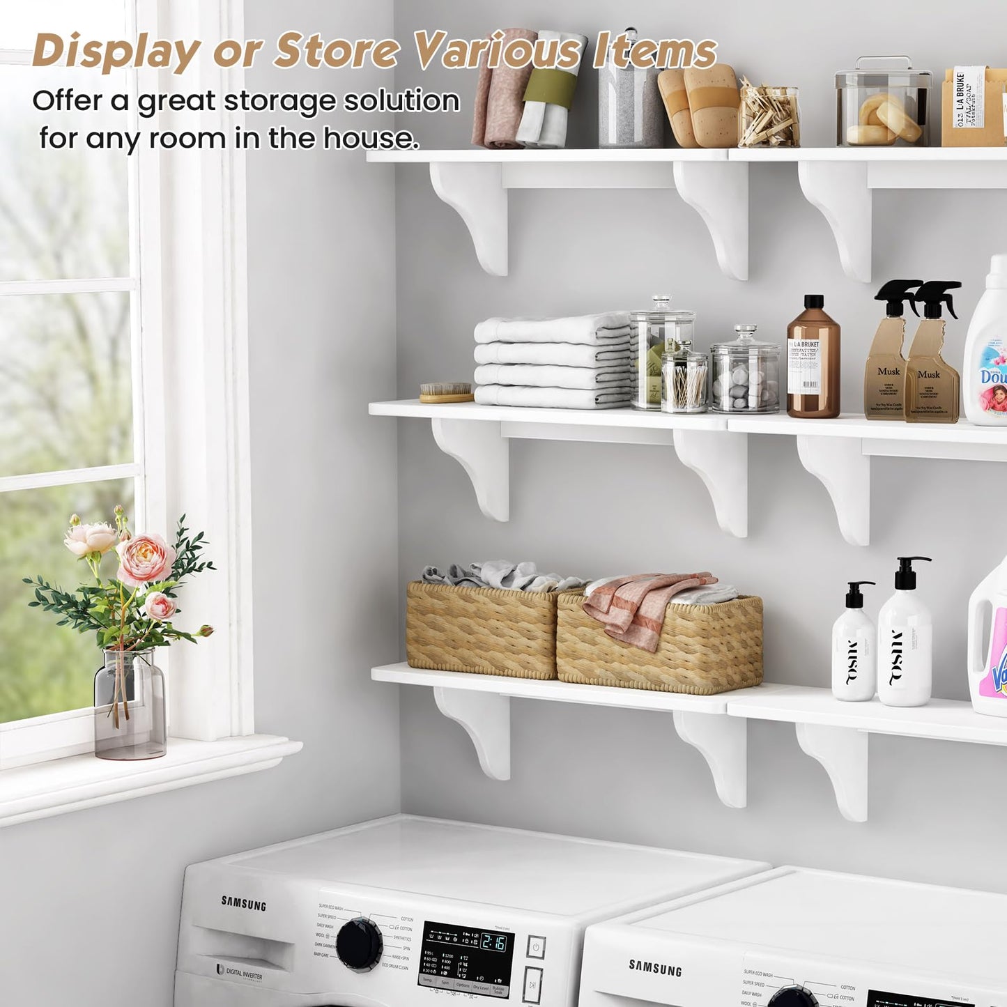 Forbena 24 Inch Wall Shelves for Bedroom Set of 3, Large Bathroom Floating Shelves for Wall, Long Decorative Hanging Arched Shelving Unit for Living Room Kids Girls Room Nursery Office (White)