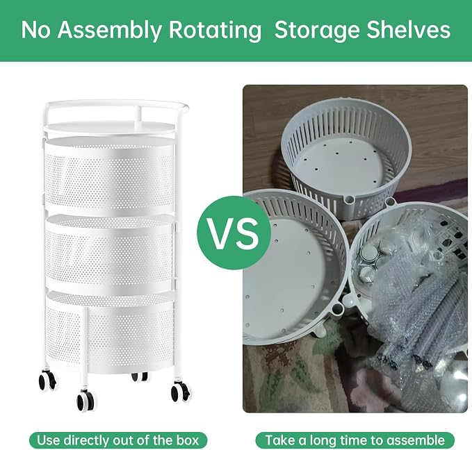 JAQ No Assembly Integrated Rotating Storage Cart, 3-Tier Rolling Storage Cart with Wheels, Solid Carbon Steel Onion Potato Storage, Kitchen Storage Cart, Vegetable Storage Cart, White